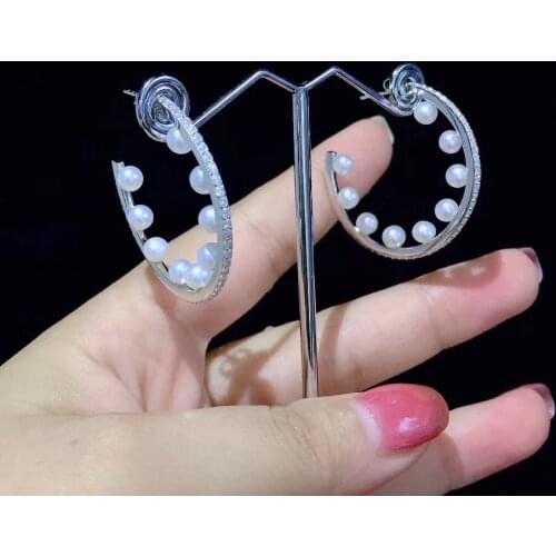 Natural fresh water pearl earring half circle fashion women jewelry 925 sterling silver with cubic zircon free shipping