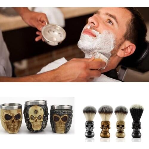 Personalized 2in1 Barber Domestic Artistic Ornament Cleaning Tool Skull Beard Brush Foaming Soap Bowl Set Shaving Tool Set