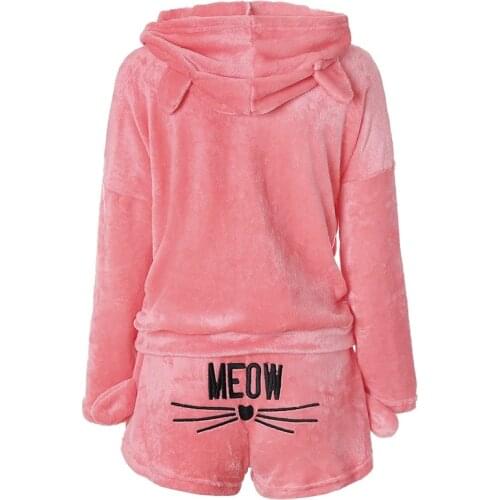 Girls Cute Cat Female Fashion Homewear Women Pajama Sets Autumn Winter Flannel Cartoon Warm Pyjamas Animal Sleepwear