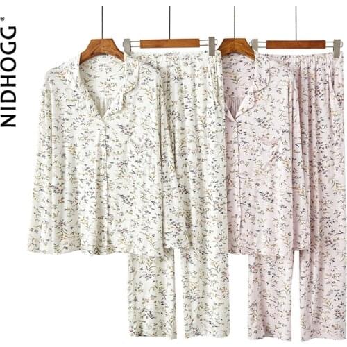 Spring / Autumn Japanese Lapel Modal Floral Pajamas Womens Loose Soft Long-sleeved Trousers Printed Home Service Suit Sleepwear