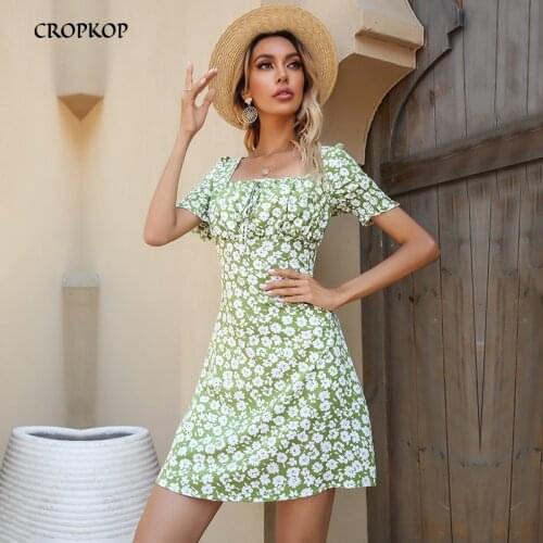 Summer Women Floral Print Puff Sleeve Dress Casual Elegant Square Collar Lace-up Mini Dresses Green A-line Fashion Dress 2021