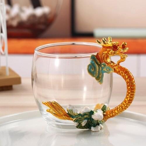 Dragon And Phoenix Glass Cup Enamel Crystal Couple Cups Transparent Flower Tea Cup Creative Valentines Day Wedding Gift Decor