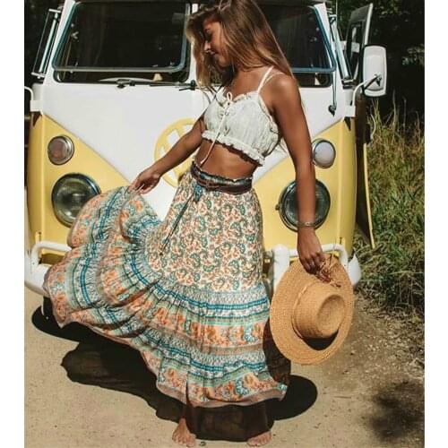 Hippie Queens women floral peacock printed High Elastic Waist beach Bohemian skirt ladies Midi A-Line Boho skirt