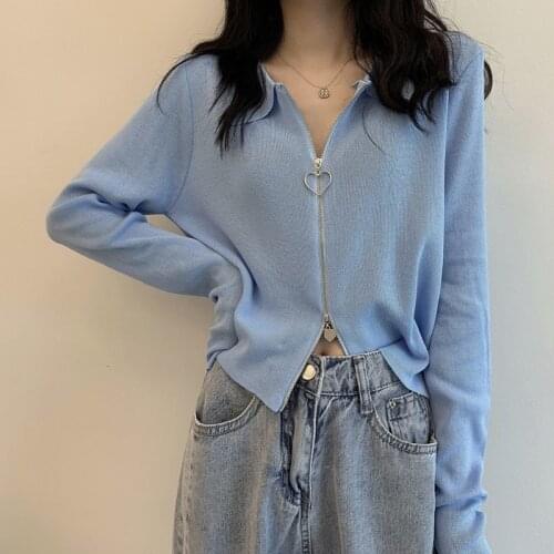 Woman Jacket Spring 2021 French Simple Style Long Sleeved Zipper White Knit Women Cardigan Sweater Short Design Top Sexy