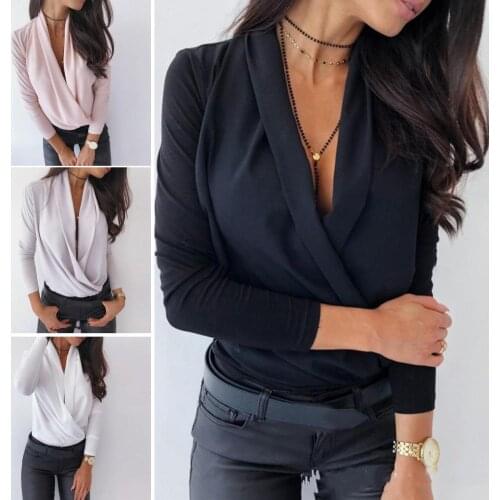 2020 Spring Autumn Fashion Elegant Shirt Women Autumn Sexy Long Sleeve Deep V Neck Solid Color Blouse Top Slims Fit Shirt