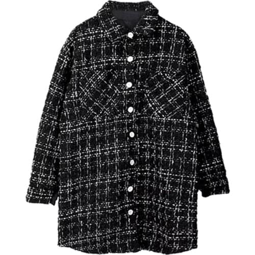 PERHAPS U Women Tweed Long Shirt Plaid Black And White Turn Down Collar Long Sleeve Autumn Females Spring B0456