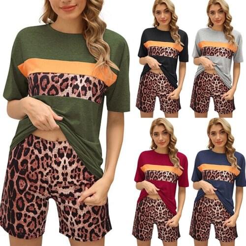 2021 Spring Summer Womens O-neck Leopard Print Fashion Casual Tights Two Piece Set Tops and Shorts Clothe Suits For Woman