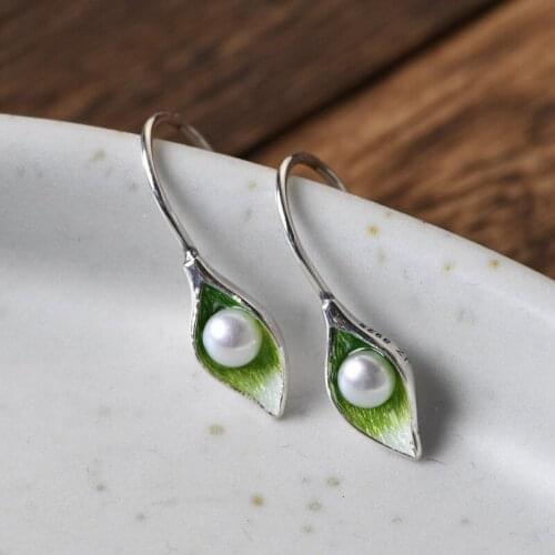FNJ enameling Flower Earrings 925 Silver Original Pure S925 Sterling Silver Drop Earring for Women Jewelry Freshwater Pearl