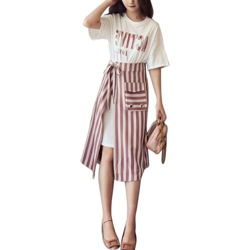 New Womens Summer Outfit Set Casual Loose Letter Print Short Sleeve Long Top Cardigan Striped Long High Waist Straps Skirt Set