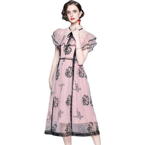 Summer Gauze Noble Elegant Pink Dresses Womens Butterfly Sleeve Ruffles Bow Collar Lace Embroidered Mesh Party Vestido k9970