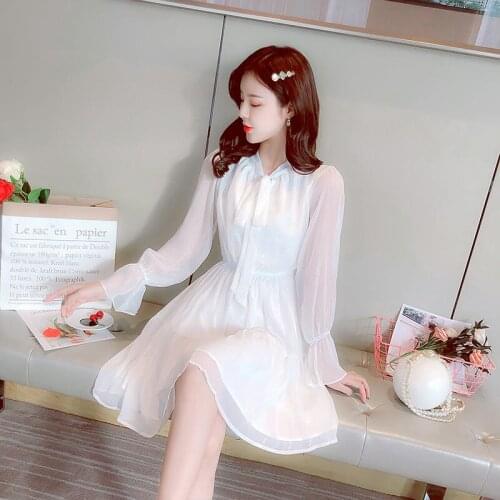 2021 New Spring Autumn Women Korean Style White Chiffon Dress Lace-up Bow Collar Elegant Slimming Dresses Office Ladies Y556