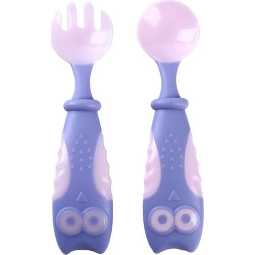 2 pcs/set Baby Plastic Bebe Spoon Baby Feeding Training Spoon Tableware Cartoon Owl Toddler Portable Training Eating Fork Set