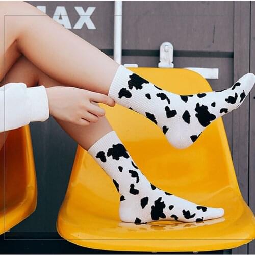 2020 New Japanese Women Girls Cotton Cartoon Cute Socks Meias Harajuku Animal Stripes Milk Cow Printed Long Crew Socks