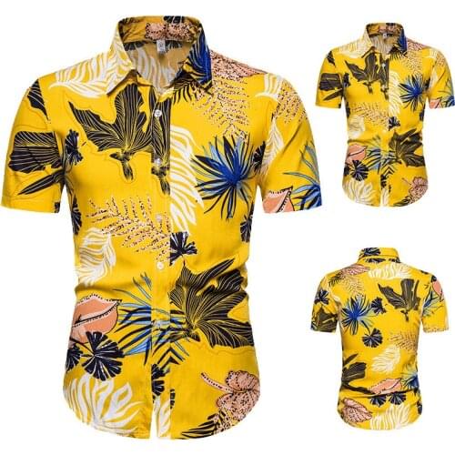 2020 Summer Yellow Hawaiian Shirt Mens Leaf Print Short Sleeve Cotton Men Casual Slim Fit Shirts Chemise Homme camisa masculina