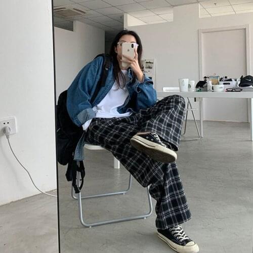 Harajuku Plaid Pants For Women Plaid Pants Women Casual Chic Loose Wide Leg Ins Retro Teens Harajuku Hip-hop Unisex Streetwear