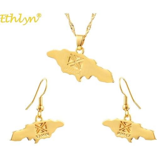 Ethlyn Two-pieces Sets Jamaica Map & Flag Symbol Pendant for Women Gold Color Jewelry Jamaican Country Gifts S280