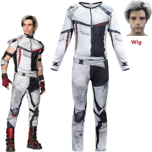 Descendants 3 Carlos Gradient Black Grey Color Synthetic kid adult Cosplay Short Wigs+Jumpsuits halloween Party costume for kids