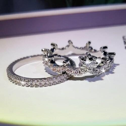Cute Silver Color Crown Ring Set with Bling Zircon Stone Wedding Engagement Fashion jewelry 2021 New