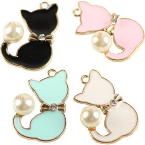 Fashion Assorted Color 50pc 20*30mm Oil Drop Alloy Animal Cat Necklace Pendants With Pearl&Bow Decoration Enamel Charm