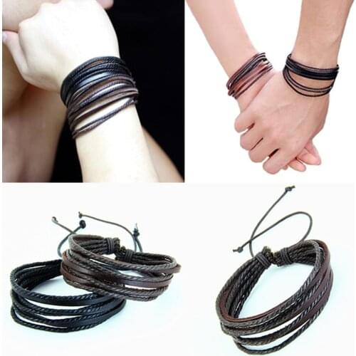 Fashion handmade multilayer adjustable leather wax rope bracelet for lovers couple bracelets 2018 gift