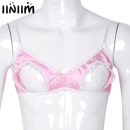 Mens Sissy Lingerie Tanks Slip Hommes Smooth Bra Hole Spaghetti Straps Hollow Out Nipples Wire-free No Padded Sexy Gay Man Bra