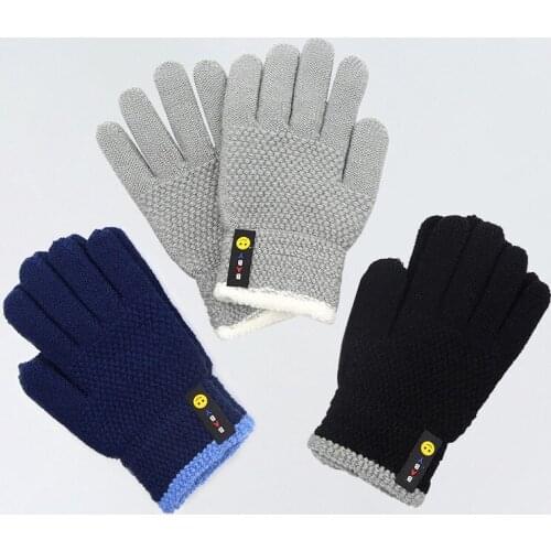 Gloves Warm Soft Mittens Winter Cold Proof Smiling Face Pattern Comfortable Children Split Finger Glove Teen for 8-15 Years Old