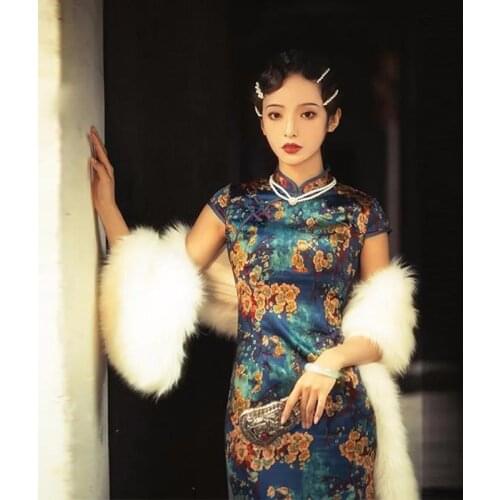 Chinese Cheongsam Dress Women Vintage Traditional Floral Print Old Shanghai Elegant Qipao Girly Bodycon Split Dresses Plus Size