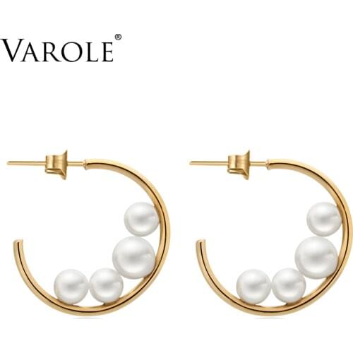 VAROLE Korean C Shape Earrings Stainless Steel Pearl Gold Silver Color Hoop Earrings for Women Wedding Jewelry kolczyki