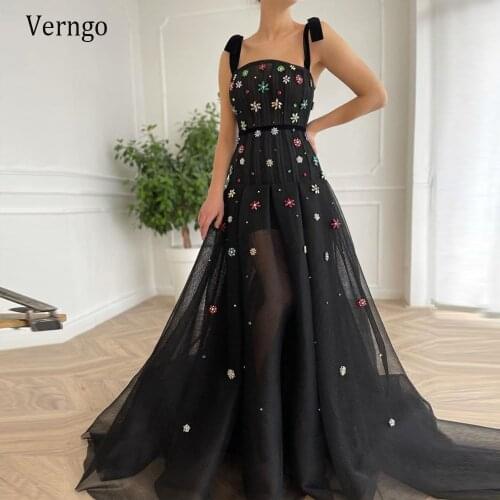Verngo New Design 2021 Black A Line Long Prom Dresses Straps Velvet Sash Colorful Flowers Crsyal Tulle Fitted Corset Prom Gowns