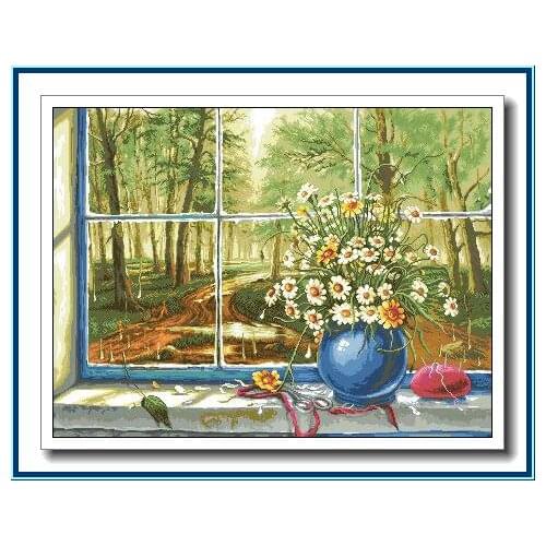 Embroidery Needlework Crafts 14CT DIY Quality Cross Stitch Kits Handmade Arts Chrysanthemum and Vase in Front of the Window