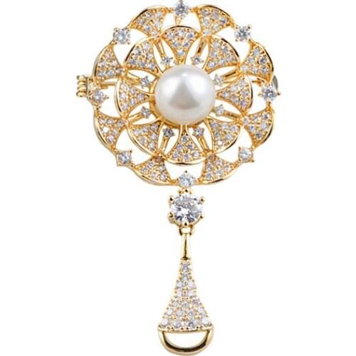 LADYCHIC Luxury Gold Silver Color Flower Brooches Pins Jewelry Beautiful Elegant Simulated Pearl Cubic Zircon Drop Brooch Gift
