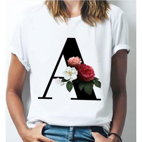 O-Neck A To Z Alphabet Women T-shirt Girl 26 Alphabet Letter Combination Flowers Short Sleeve Casual Vogue Summer Tee Y2k Top