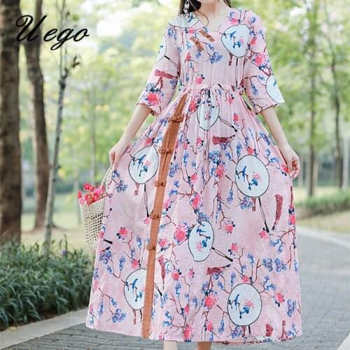 2021 New Arrival Short Sleeve Spring Summer Dress Linen Cotton Print Floral Chinese Style Vintage Dress Women Casual Long Dress