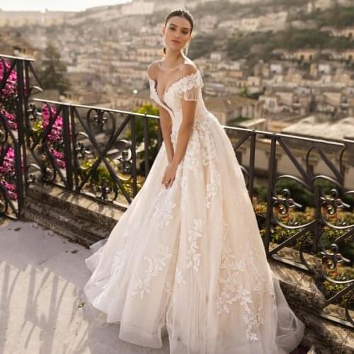 Thinyfull Elegant Wedding Dresses A Line Sweetheart Off The Shoulder Bride Dresses Tulle Lace Appliques Vestidos de novia 2020