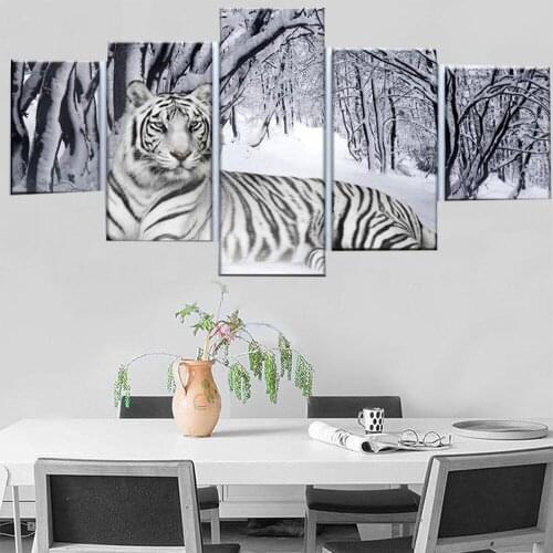 5 Pieces Wall Art Canvas Painting Animals Poster Tiger In Sonw Abstract Art Decorative Pictures Paintings For Living Room Wall