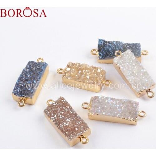 BOROSA 5PCS Rectangle Gold Plated Titanium Rainbow Agates Druzy Connectors Natural Drusy Double Charms Women Bracelet G1694
