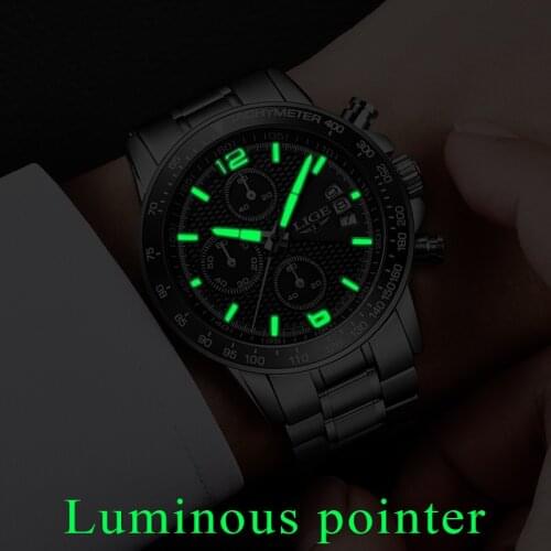 LIGE Mens Luxury Brand Watch Stainless Steel Military Sport Quartz Watch Waterproof Shockproof Fashion Casual Business Watch+Box