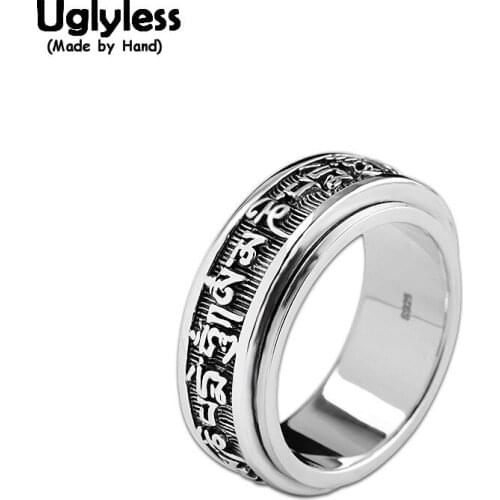 Uglyless Tibetan Language GOD Bless U Men Rings Creative Double Layers Spinning Ring Solid 925 Silver Thai Silver Jewelry R1047