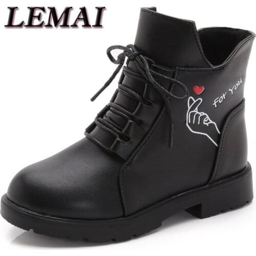 NEW 2021 Girls Leather Boots Student Princess Warm Winter Plush Ankle Boots Waterproof Older Children Snow Boots Kids Sneakers