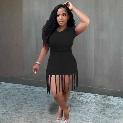 Summer Cute Tassel Summer Dress Women Streetwear Casual Fringe Tassel Bodycon Midi Dress Short Sleeve Slim Skinny Pencil Dress