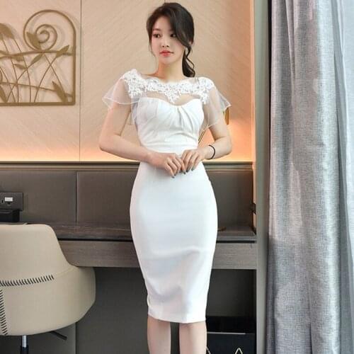 Fashion Korean Vintage Short Sleeve Midi Party Dress Ladies Elegant Sexy Lace Perspective Mesh Folds Bodycon White Pencil Dress