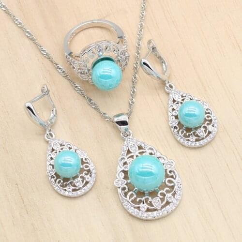 Exquisite Silver Color Jewelry Sets For Women Wedding Blue Gray Pink Pearl Cubic Zircon Earrings Pendant Necklace Ring 3PCS