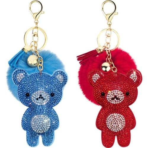 2021 New Keychain Rng Hot Diamond Cute Bear Hair Ball Girl Mobile Phone Bag Pendant Car Key Accessories Key Ring Gift