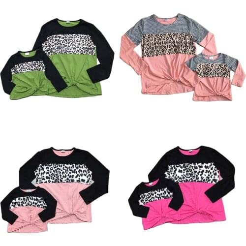 Girlymax Fall/winter Outfits Baby Girls Mommy &Me Leopard Tie Knot T-shirt Long Sleeve Cotton Clothes Kids Clothing Top Boutique