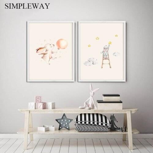 Cartoon Bunny Poster Baby Nursery Wall Canvas Painting Starry Ballon Art Print Nordic Kids Bedroom Decorative Picture Home Decor