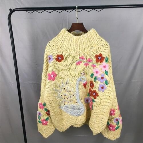 Autumn Winter Hand Diamond Inlaid Embroidery Thick Needle Pullover High Neck Sweater Womens Loose Top