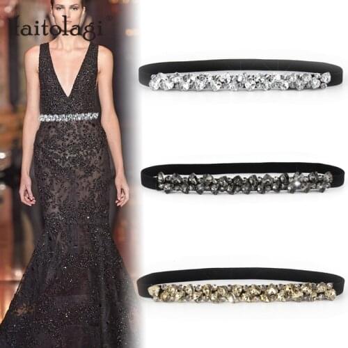 Rhinestone Elastic Belt For Women Dresses Full Crystal Gem Black Female Waist Belt For Coats Down Fashion Luxury Ladies Belt