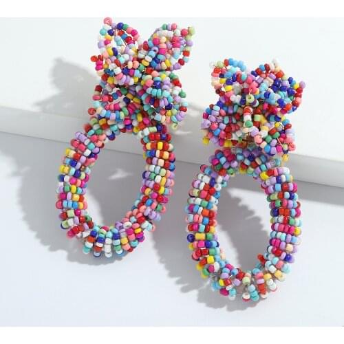 Dvacaman Bohemian Colorful Beaded Big Flower Oval Dangle Drop Earrings for Women New Design Statement Seed Beads Earrings Bijoux