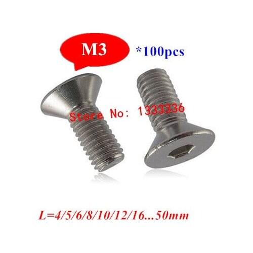 100pcs DIN7991 ISO10642 M3 Hexagon Socket Flat Screws Countersunk head Socket Screws Bolts M3*4/5/6/8/10/12/16/20/25/30mm