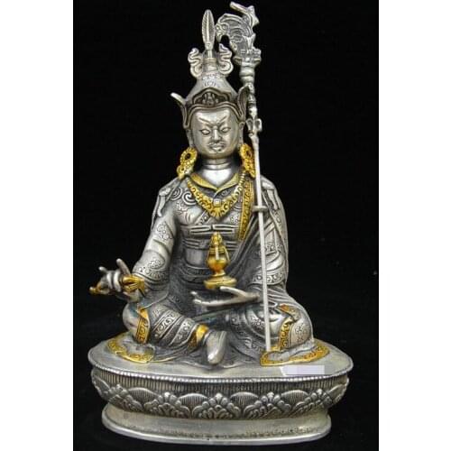 Old Tibetan Buddhism Silver Gilt Guru Padmasambhava Rinpoche Buddhas God Statue